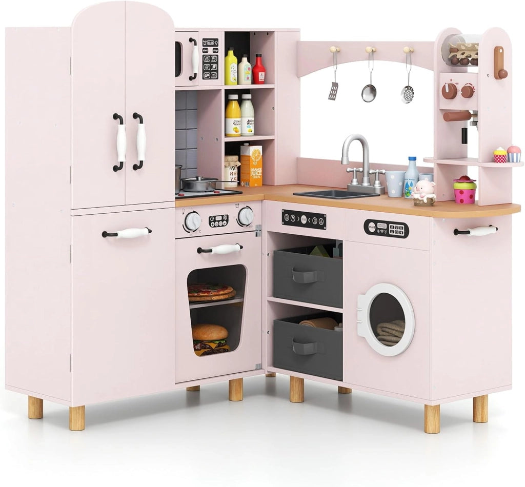 Cucina Giocattolo per Bambini, Cucina da Gioco ad Angolo con Fornelli, Frigorifero, Macchina da Caffè, Microonde, Lavatrice e Accessori, con Suoni e Luci per Bambini 3+ Anni (Rosa)