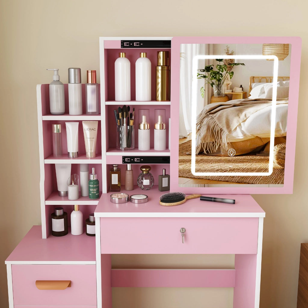 TOLETTA con Specchio LED e Sedia MDF Rosa