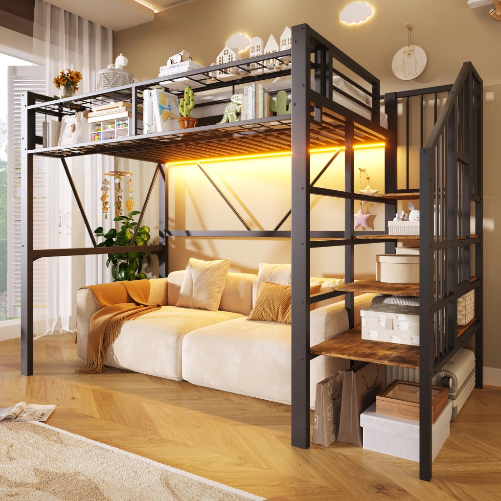 Letto a soppalco 90x200 cm in metallo e MDF, con ripiani a gradini, vano aperto, LED, nero