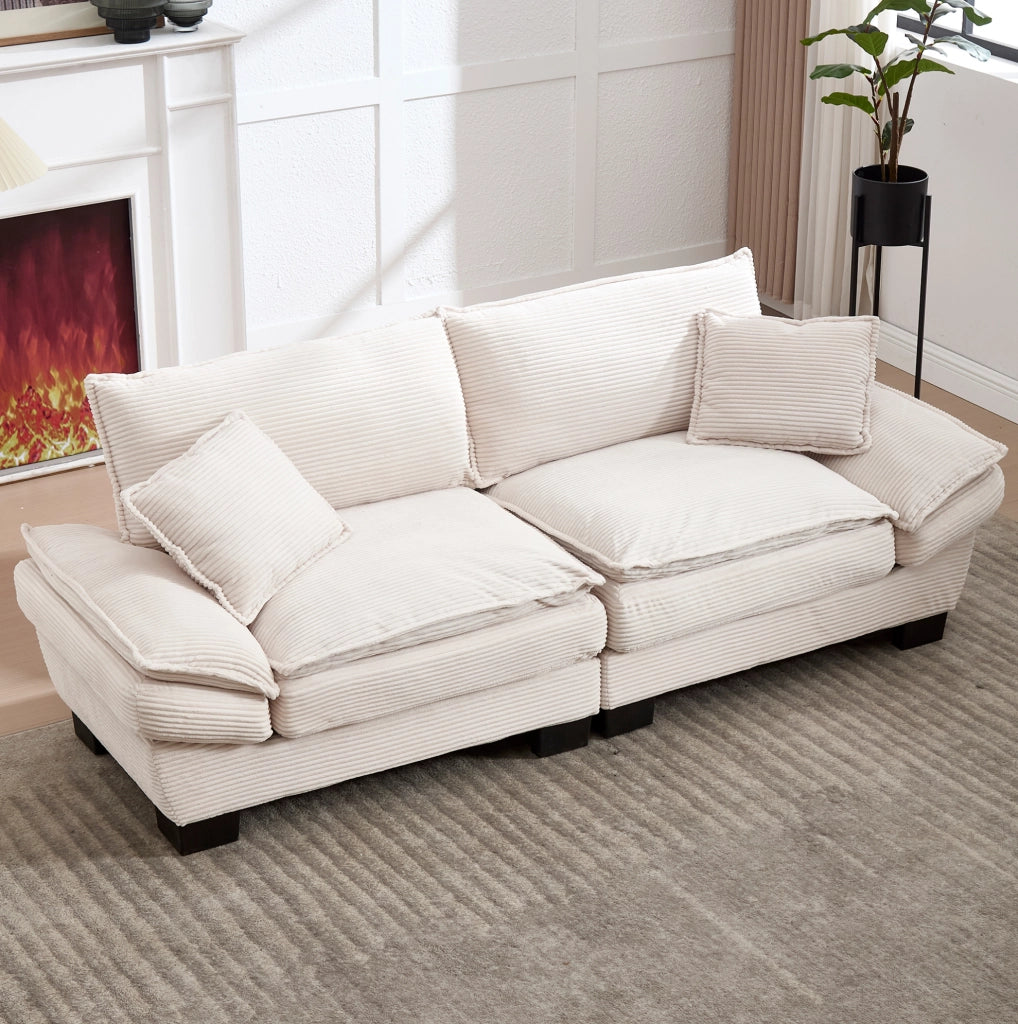 Divano a due posti in velluto beige con struttura in legno e gambe in plastica, 224x81x81 cm