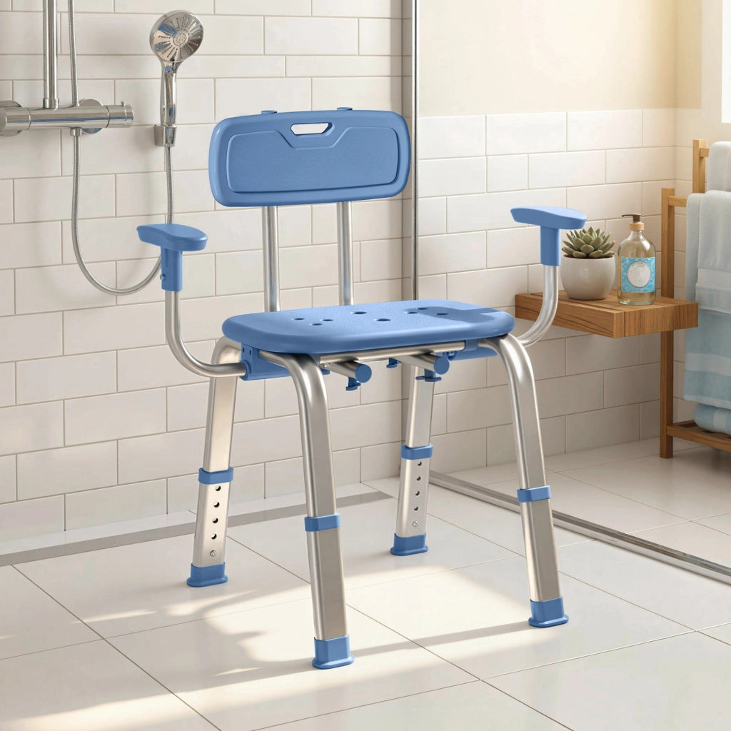Sgabello da doccia ergonomico con braccioli e schienale regolabili ¨C Minimal ¨C blu