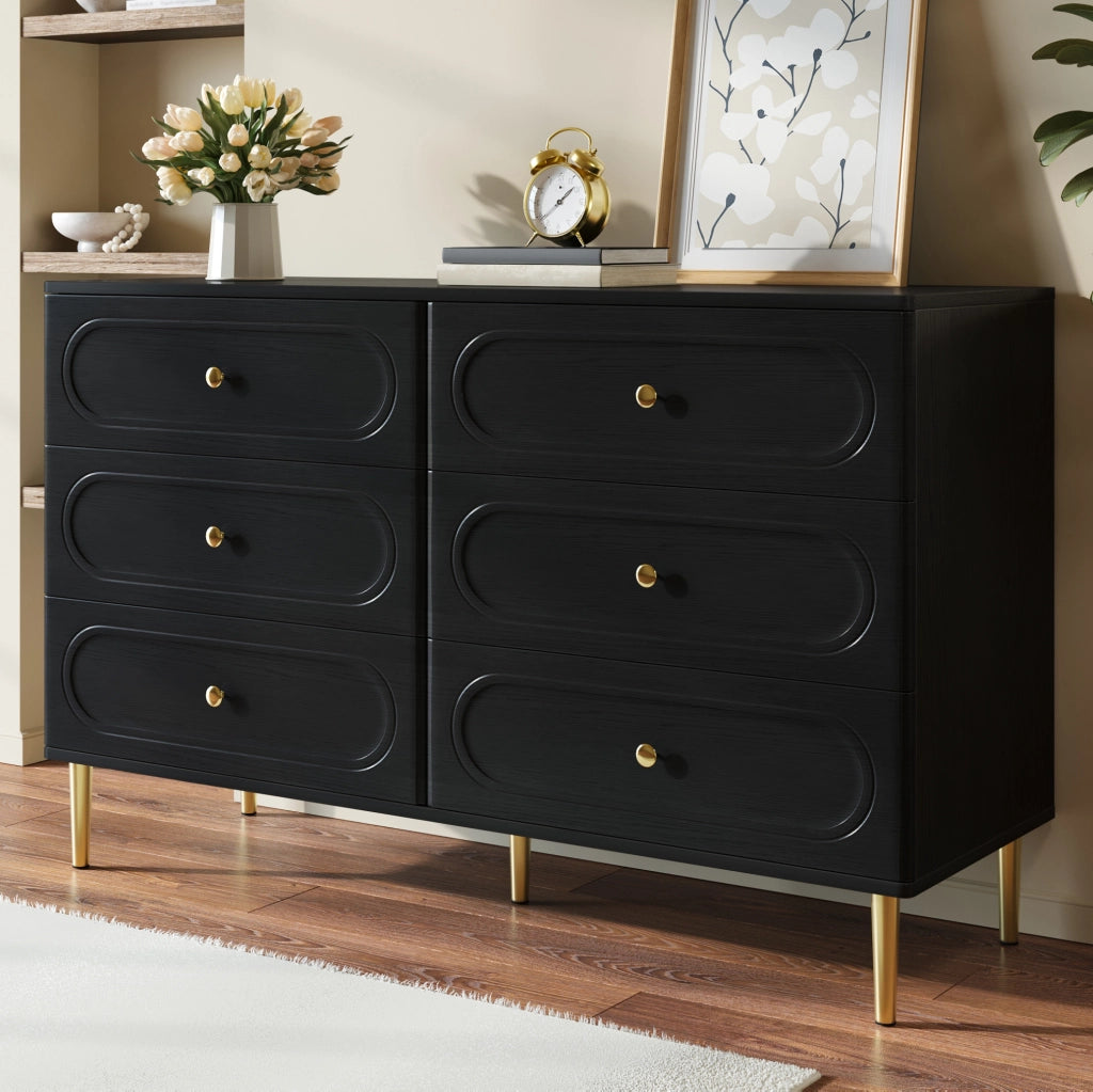 Credenza nera con 6 cassetti; frontali ovali e piedi in metallo; 120 × 40 × 75 cm