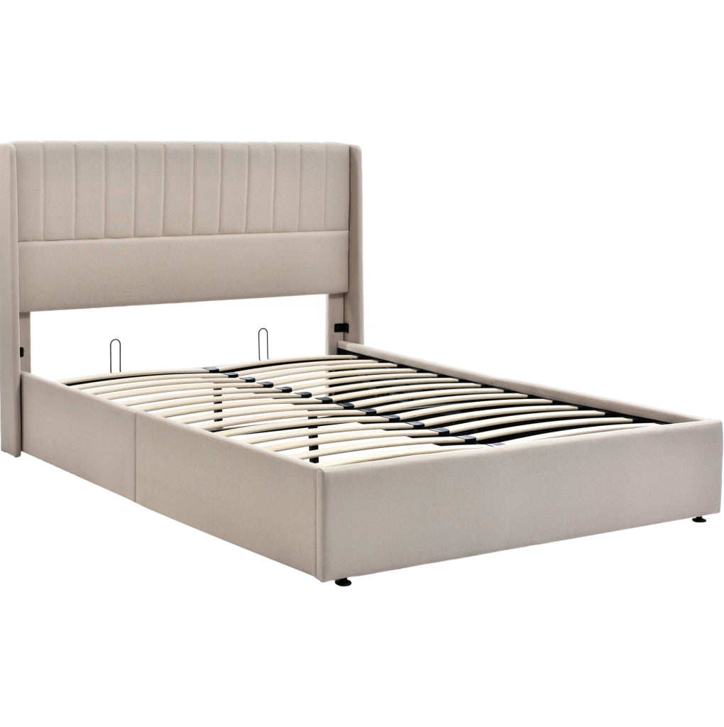 Letto matrimoniale imbottito con contenitore e sistema idraulico 160x200 cm, in lino beige