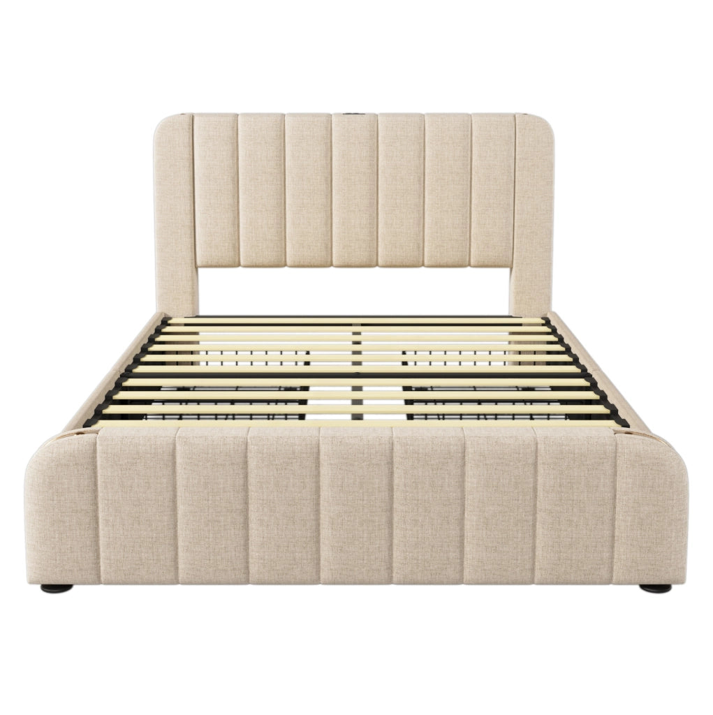Letto matrimoniale imbottito con USB, 4 cassetti e struttura resistente