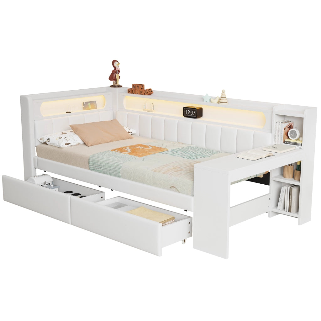 Letto singolo imbottito 90 × 200 cm con scrivania, 2 cassetti, porta USB e LED a 7 colori, senza materasso, bianco