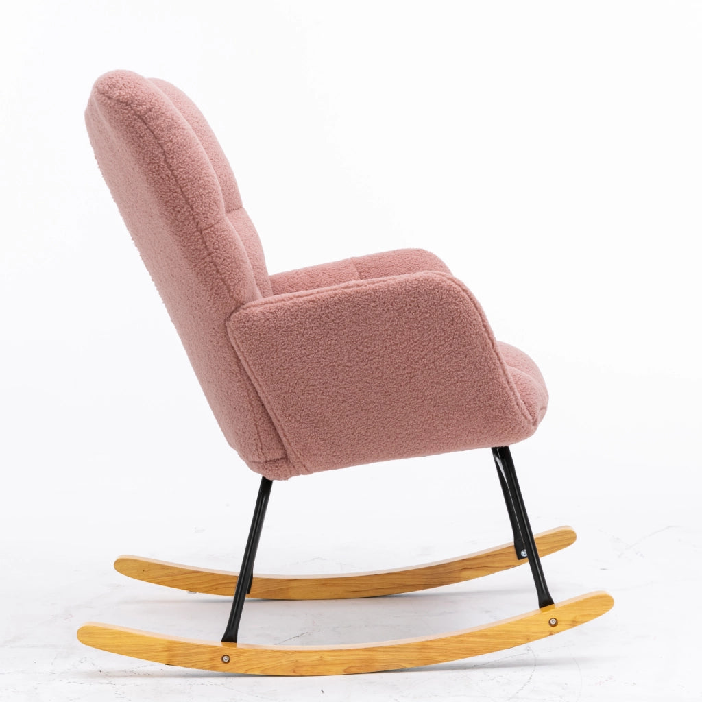Poltrona a dondolo rosa in tessuto peluche con schienale alto