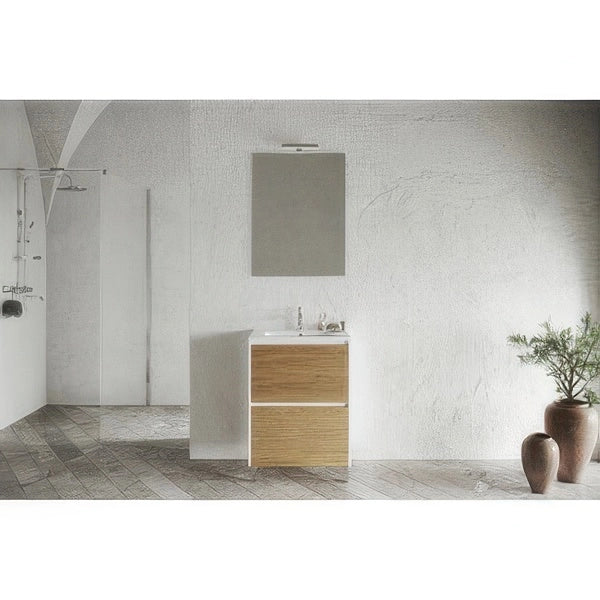 Mobile Bagno Lisbona Bianco Lucido e Rovere Naturale da 60 cm a 2 Cassetti con Piedini Regolabili
