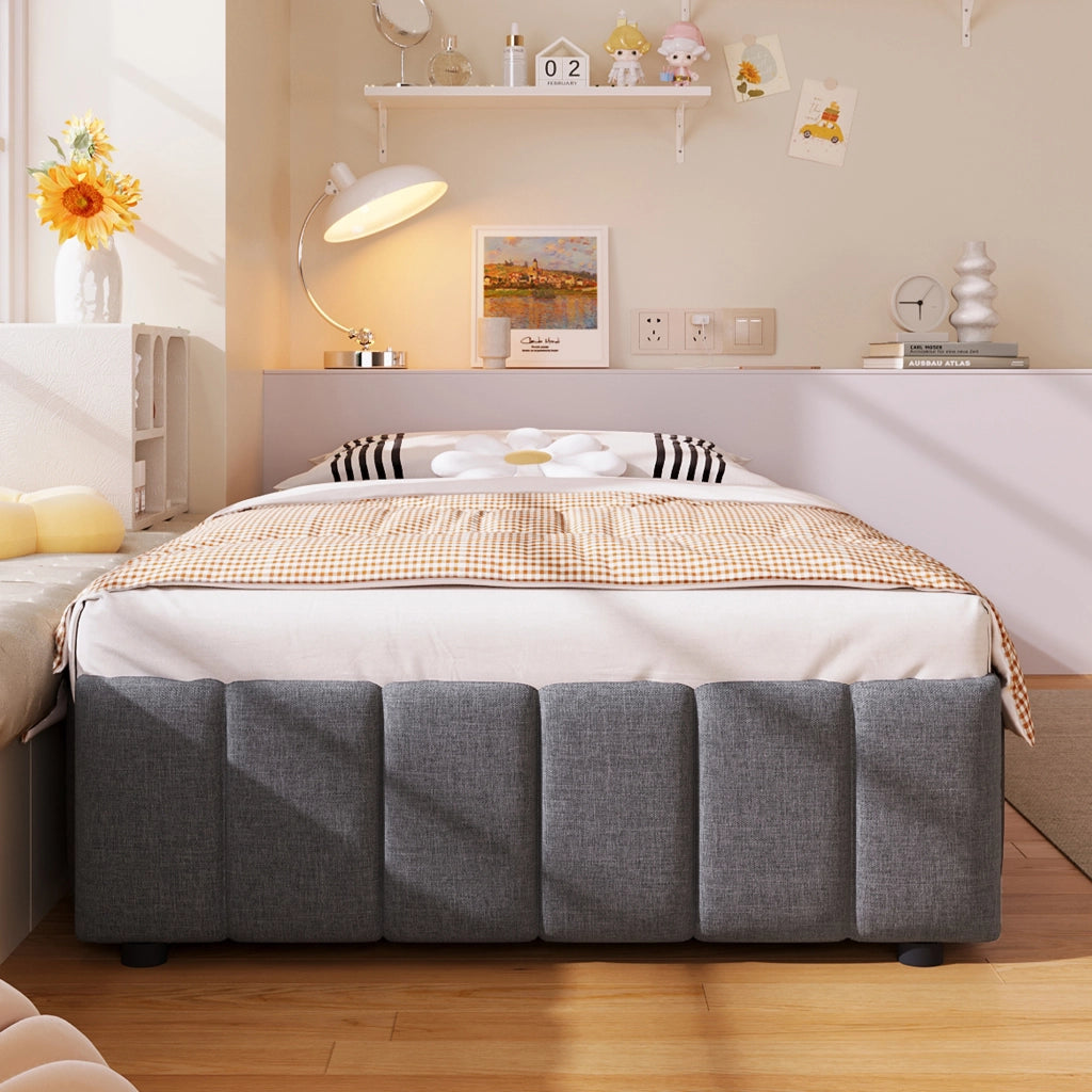 Letto contenitore singolo 90 × 200 cm con sollevamento idraulico; senza materasso; in lino e MDF; grigio