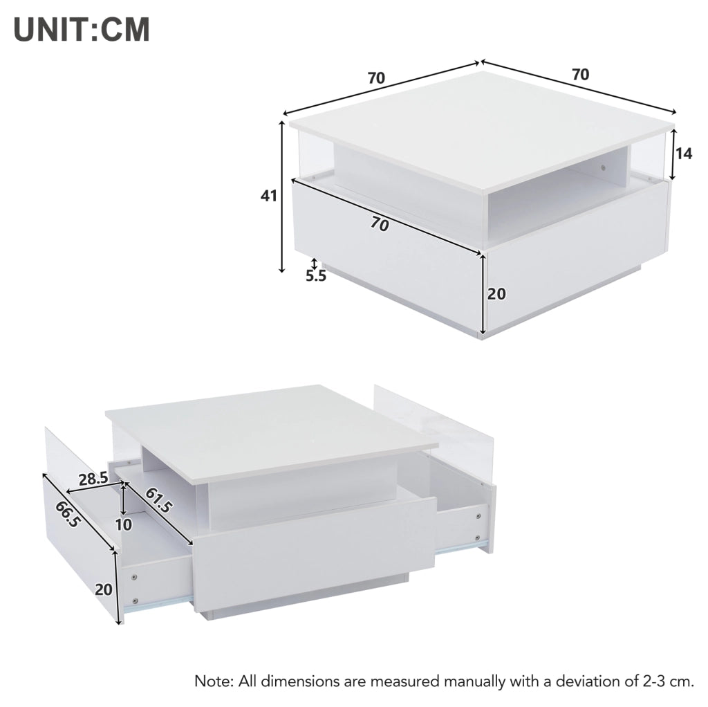 Tavolino da caff¨¨ 70x70x41 cm con LED, 2 cassetti in truciolare bianco