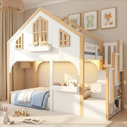 Letto a soppalco con led ¨C Minimal ¨C 90x200cm pino bianco con gradini contenitore