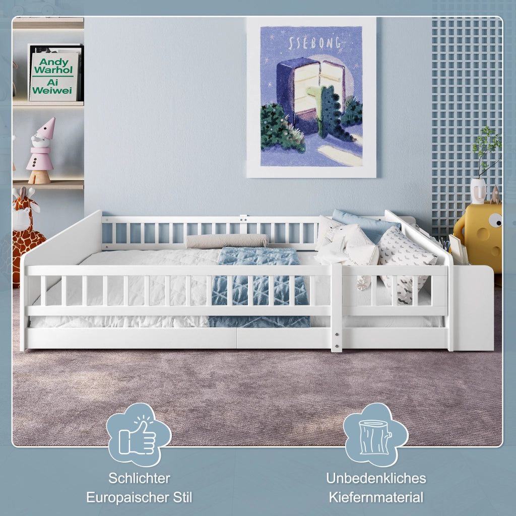 Letto per bambini 140 × 190 cm con ripiani e vano aperto; senza materasso; in legno di pino e MDF; bianco