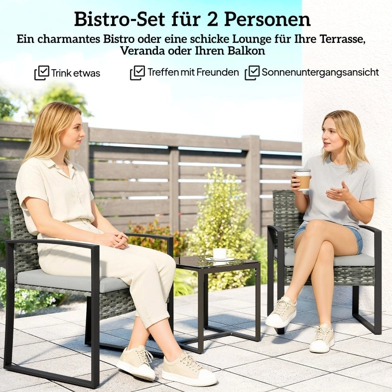 Set da Giardino in Rattan 3 Pezzi con 2 Poltrone e Tavolino con Cuscini Rimovibili Grigio Chiaro
