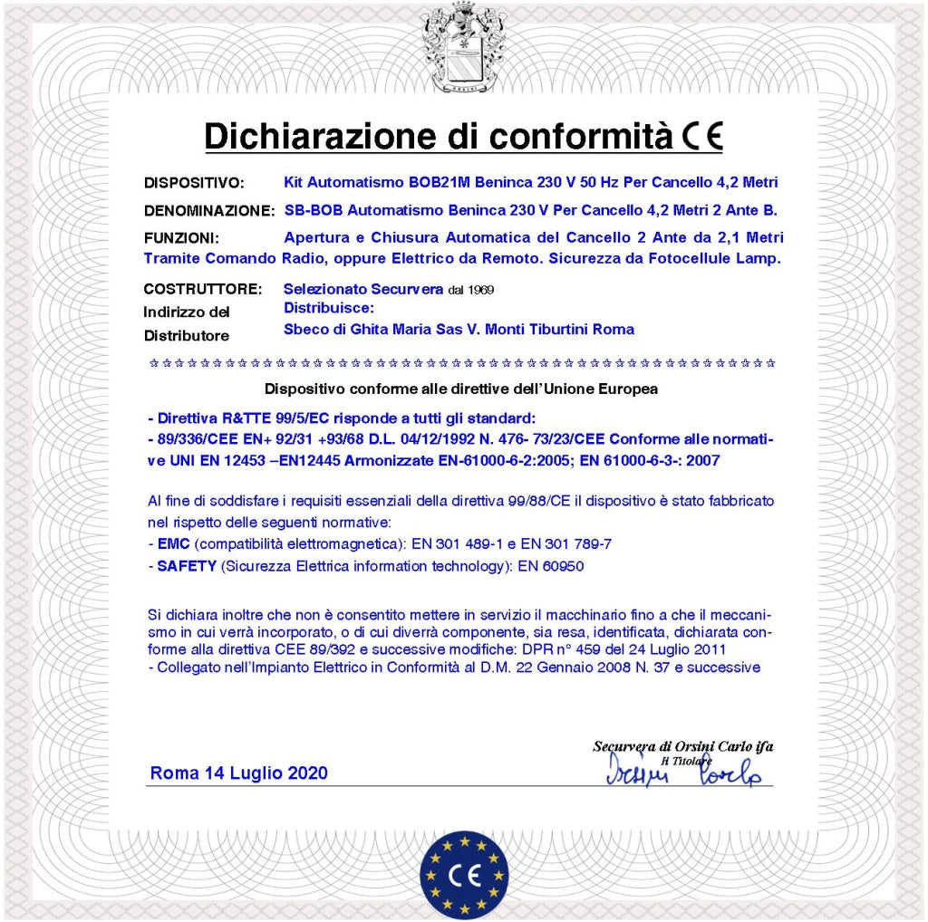Kit Automazione Cancello 4,2 Metri 2 Ante Motori BOB21M Vite rullata 230 V Corsa 325 mm Spinta 1800 Nm Sblocco a Chive Staffe Fissaggio Radiocomando Coppia Fotocellule Lampeggiatore a Led con Antenna