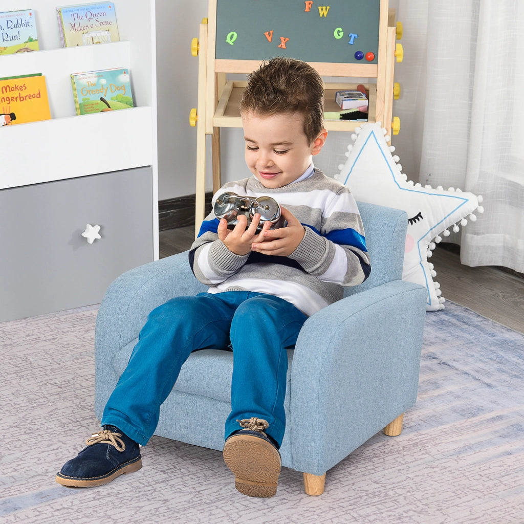 Poltroncina per Bambini Design Scandinavo in Tessuto di Lino e Legno con Braccioli Imbottiti e Seduta Comoda Blu