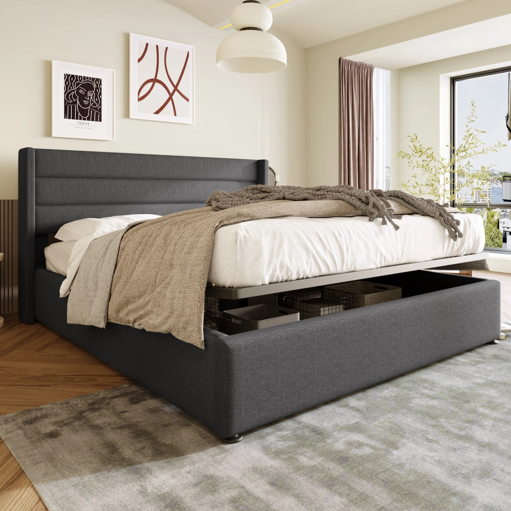 Letto contenitore 180 × 200 cm con sollevamento idraulico testiera imbottita in lino grigio con rete a doghe