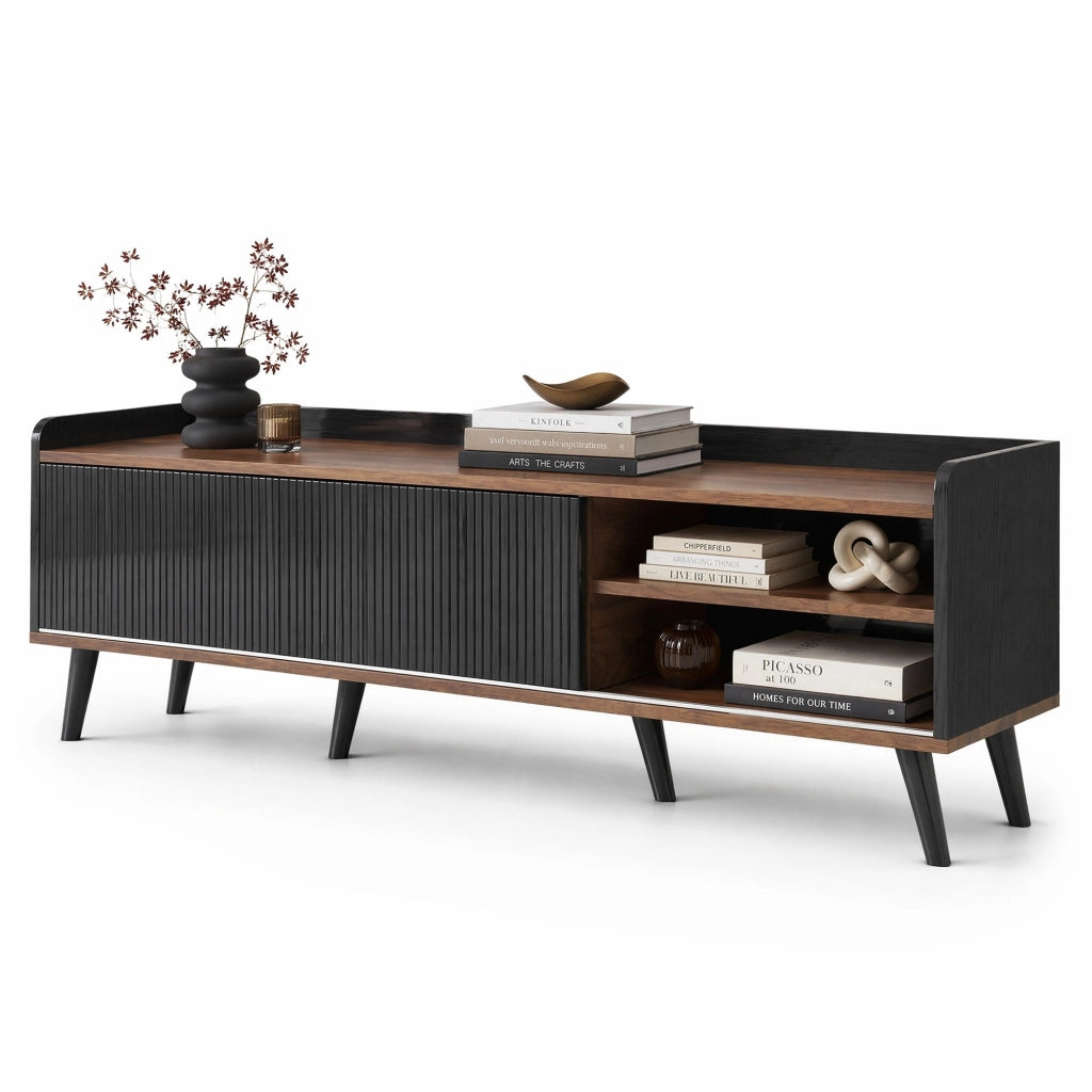 Mobile TV lowboard con due ante scorrevoli, due cassetti, ripiani interni e bordi rialzati, finitura nero e legno, 160 x 40 x 58 cm, per soggiorno moderno