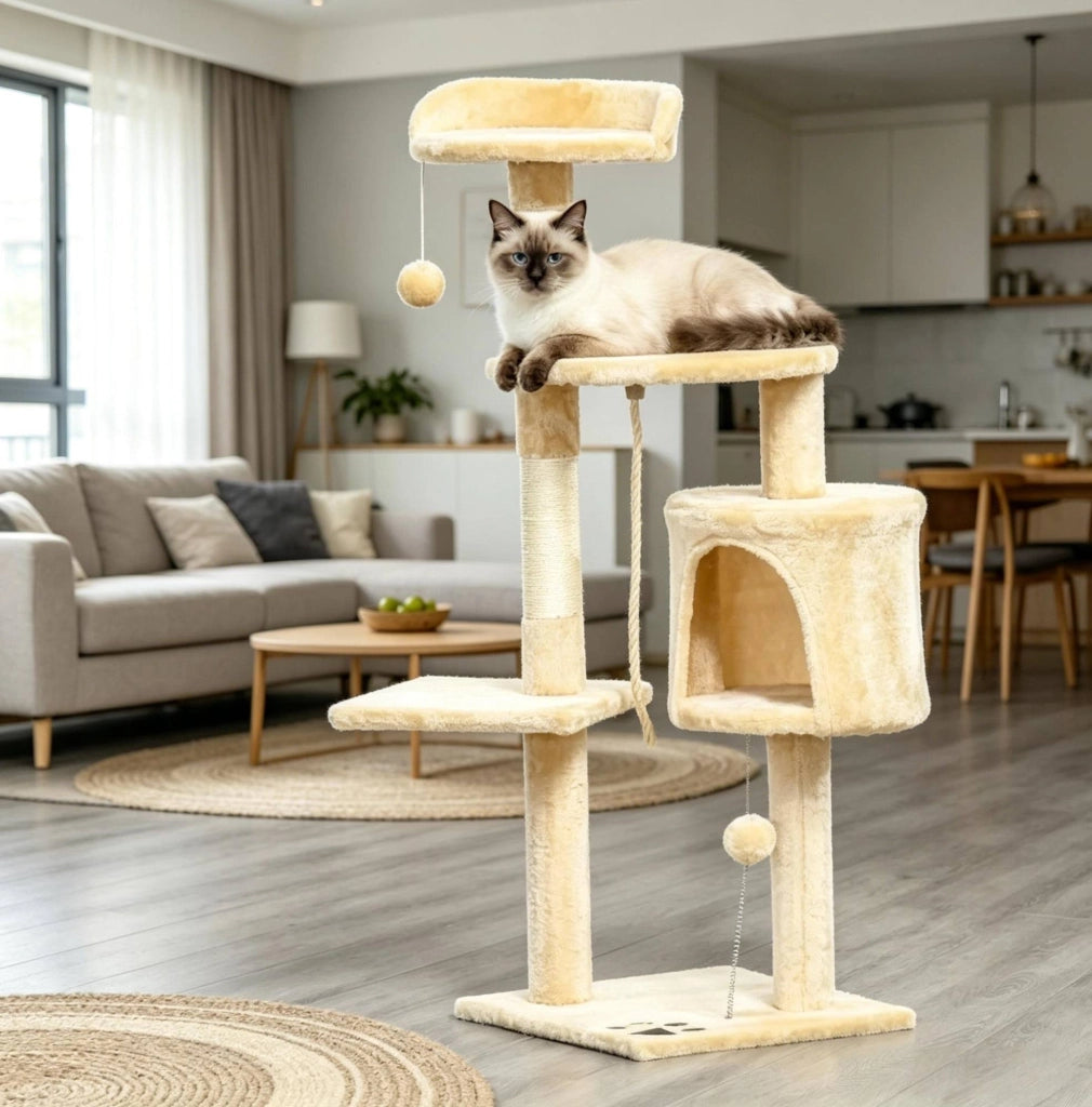 Albero tiragraffi beige a 4 livelli con nicchia, amaca e giochi