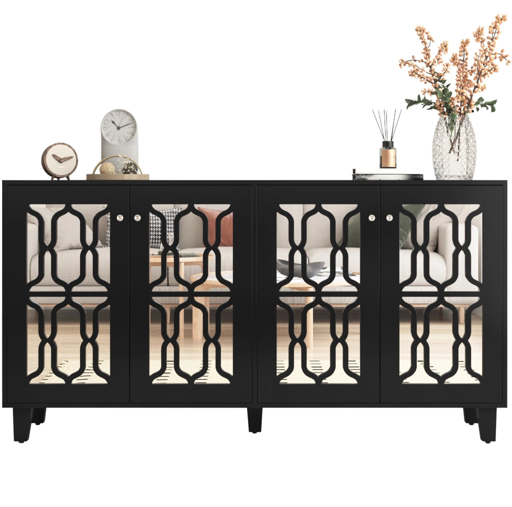 Madia nera effetto specchio con 4 ante; 2 ripiani regolabili; 160 x 40 x 84 cm