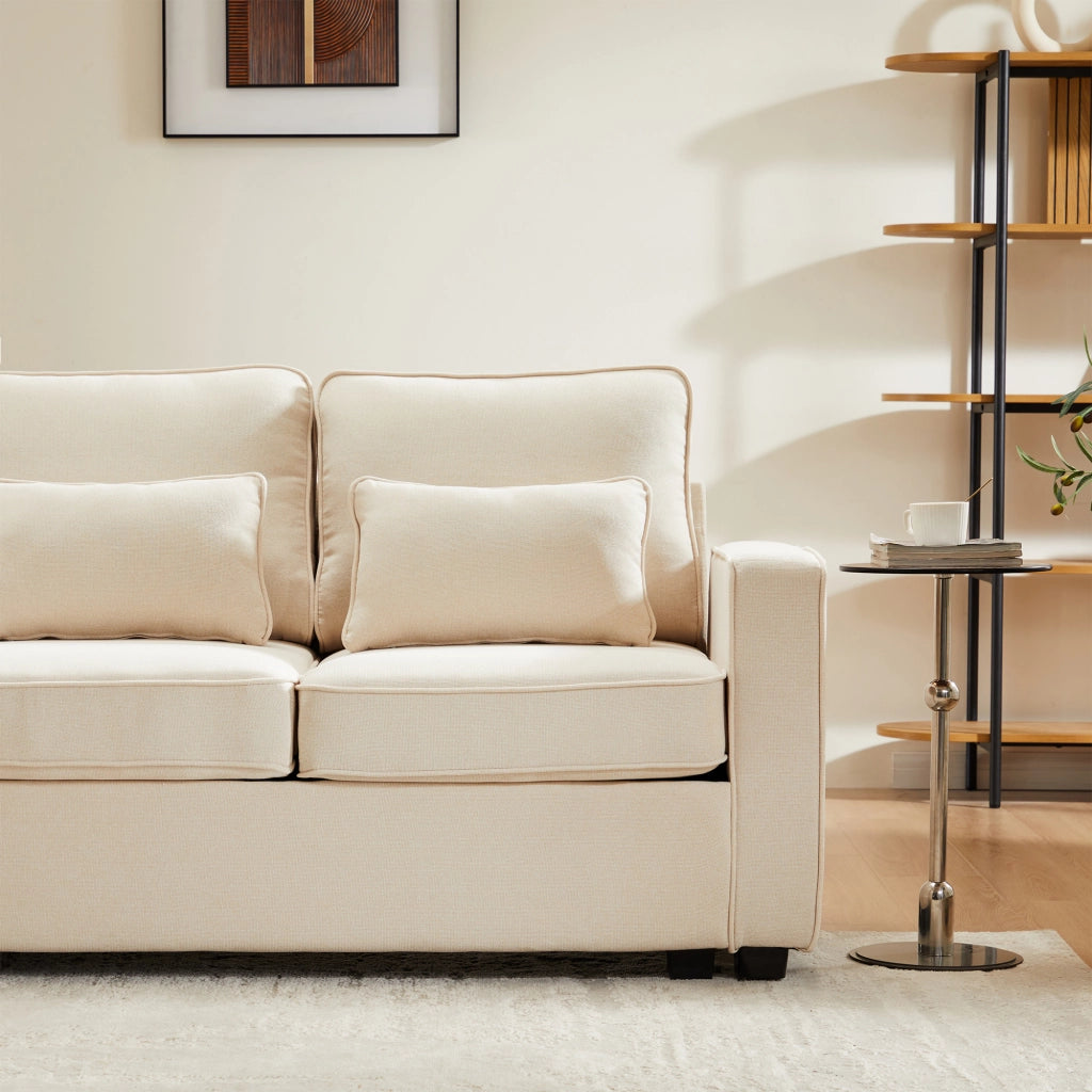 Divano a 4 posti in tessuto effetto lino beige con tasche sui braccioli e quattro cuscini lombari per soggiorno