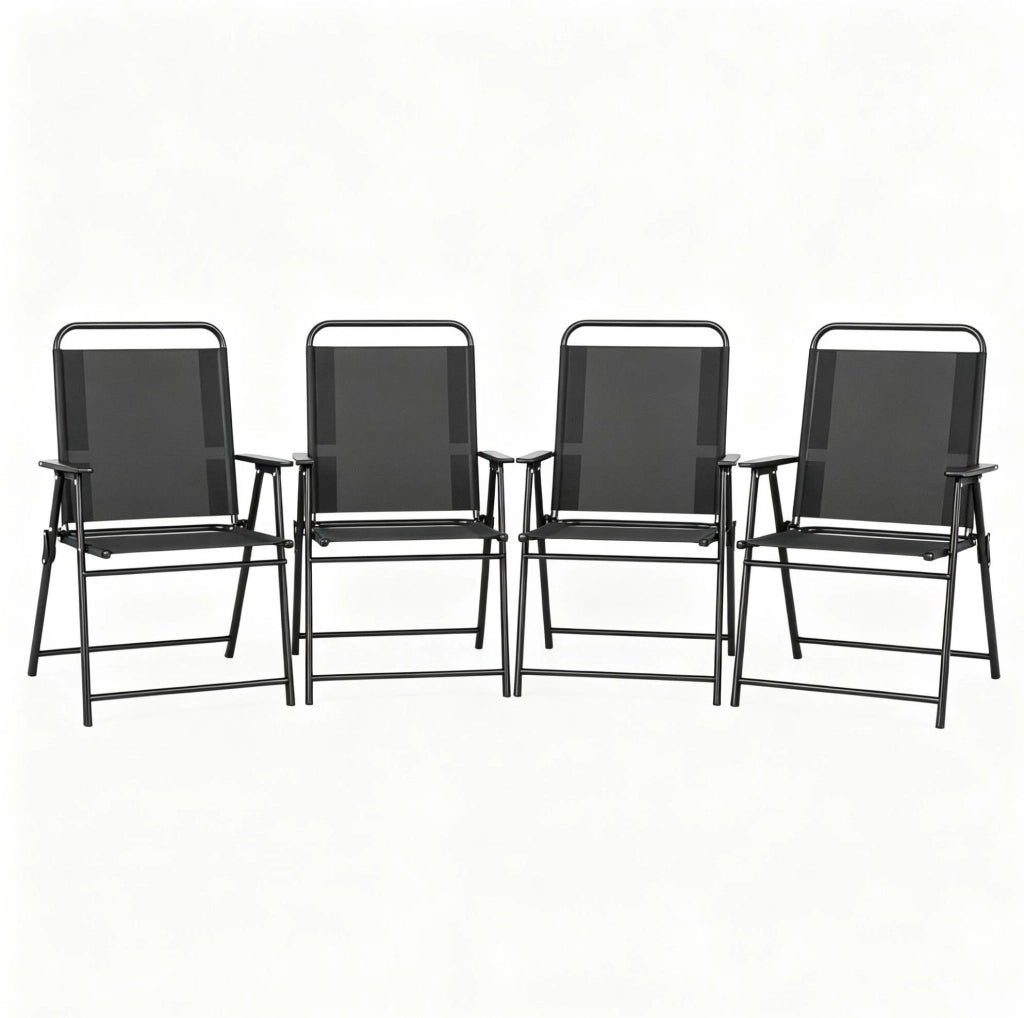 Set di 4 Sedie Pieghevoli da Giardino con Schienale Alto e Braccioli, Telaio in Acciaio Nero, 65x60x94 cm