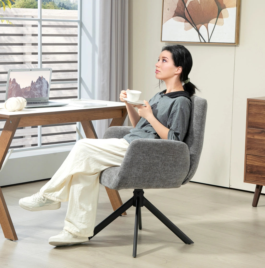 Poltrona girevole lounge con braccioli in tessuto effetto lana e lino, gambe in acciaio, colore grigio scuro, 60x61x88 cm