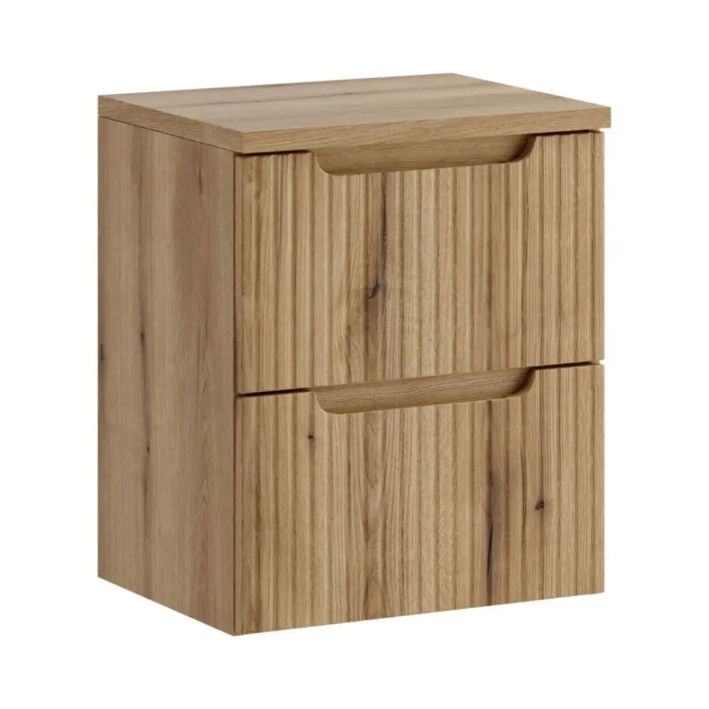 Set da bagno sospeso VANO in rovere chiaro 50cm: mobile sotto lavabo con cassetti con frontale scanalato + top per lavabo