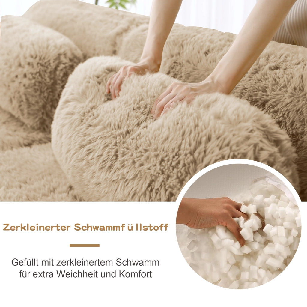 Divano panoramico modulare a U in tessuto peluche kaki chiaro con pouf collegabile e base antiscivolo senza montaggio