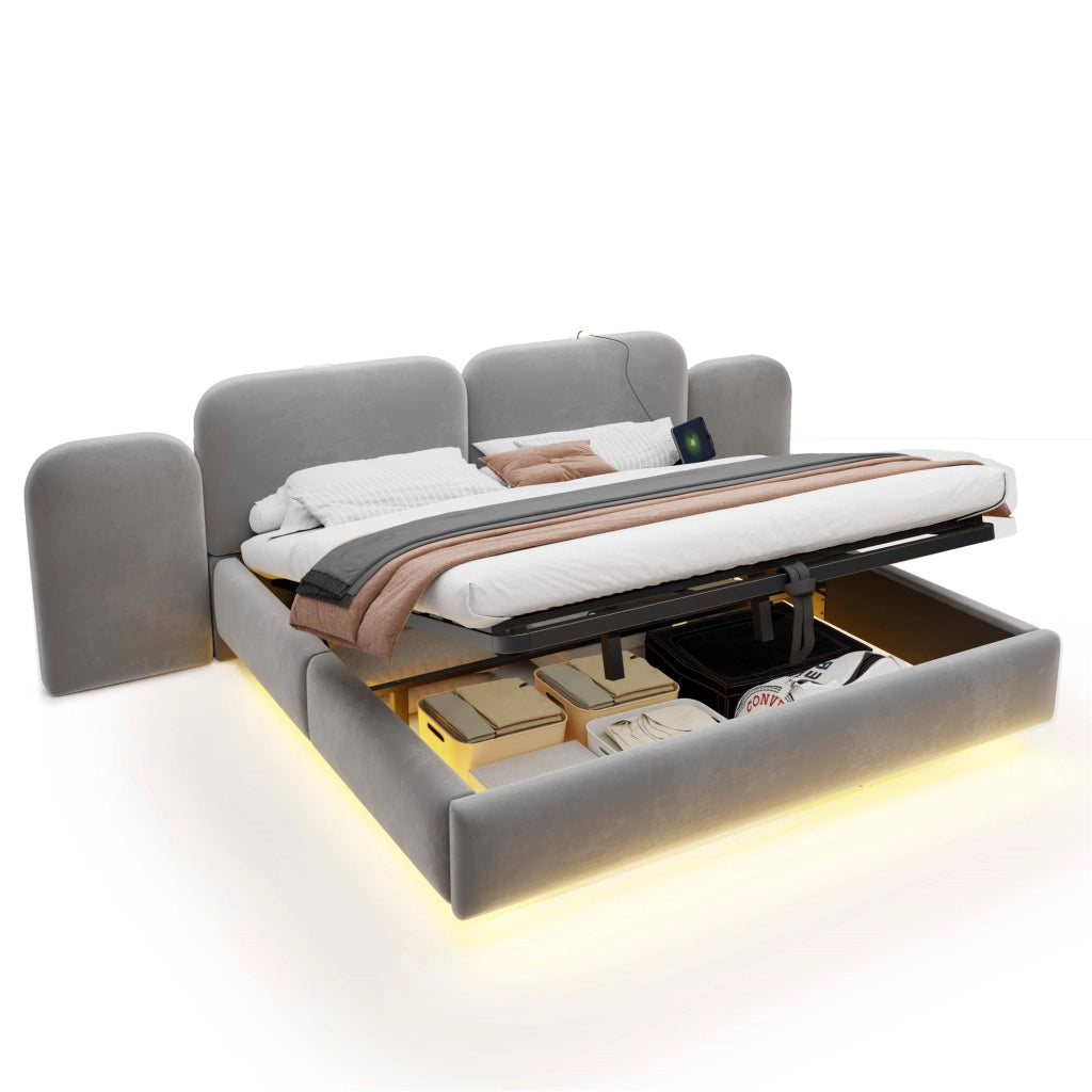 Letto contenitore 180 × 200 cm con sollevamento idraulico; LED RGB; USB e USB-C; rivestito in velluto grigio