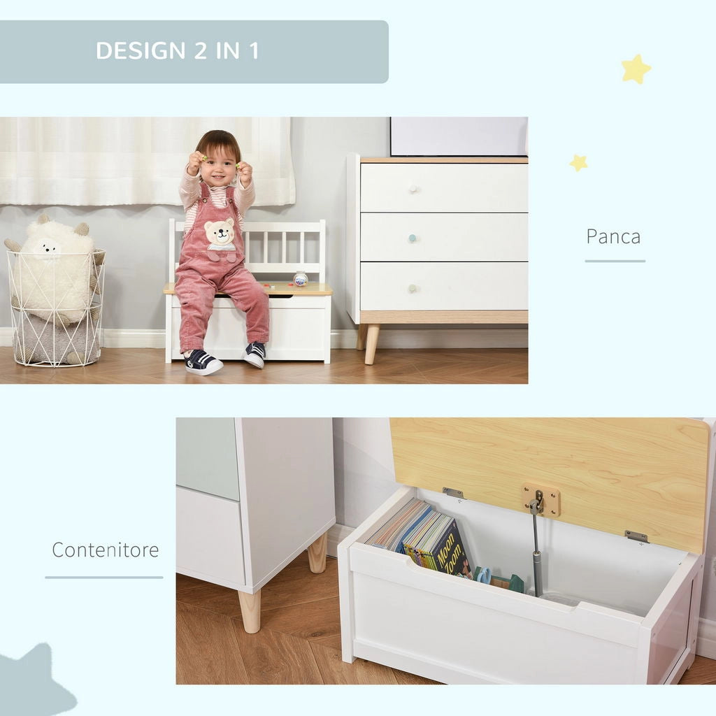 CASSAPANCA PER BAMBINI 2 IN 1 IN LEGNO 60X30X50CM BIANCO E LEGNO NATURALE