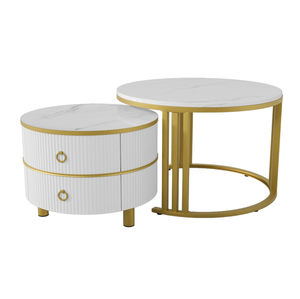 Set di 2 tavolini da caff¨¨ rotondi 70x70 e 50x50 cm in MDF con 2 cassetti