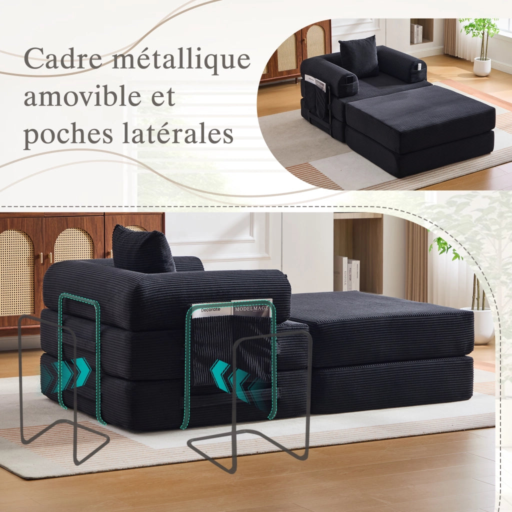 Poltrona modulare con pouf - con tasca laterale e cuscino - in ciniglia nera