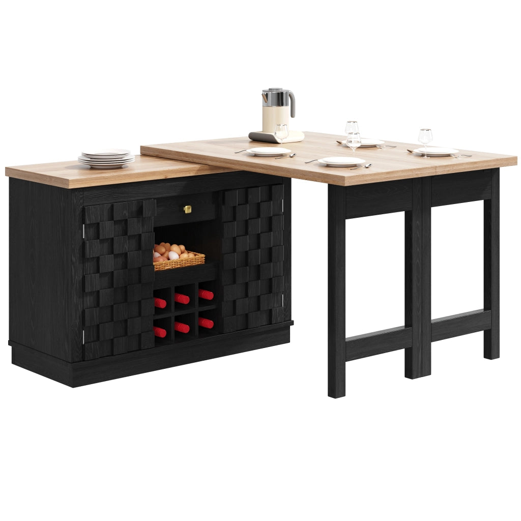 Credenza da cucina con piano girevole a 360°; 1 cassetto; ripiani regolabili e portavino - per cucina - 120-197×40×74.2 cm - nero