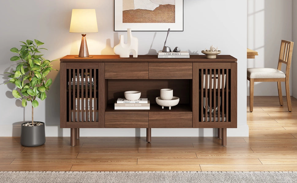 Credenza soggiorno color noce 140 x 35 x 71 cm con 4 cassetti e 2 ante a doghe; MDF e gambe in legno massello