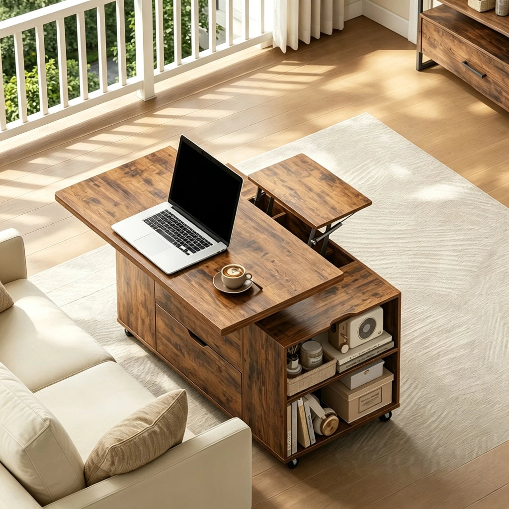 Tavolino basso alzabile con piano estensibile; cassetto e ruote bloccabili marrone rustico 50.5 × 100 × 53 cm
