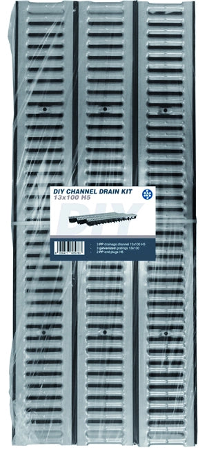 KIT 3 PZ. CANALETTE NOR cm. 13x100x5 h + 3 GRIGLIE ZINCATE cm. 13x100 + 2 TAPPI