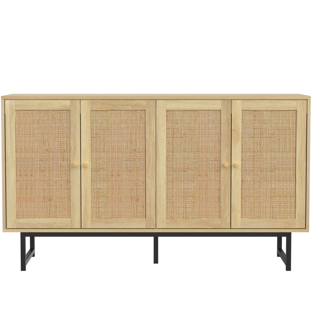 Sideboard 140x39,5x80 cm in effetto legno con intreccio in vero rattan e 4 porte