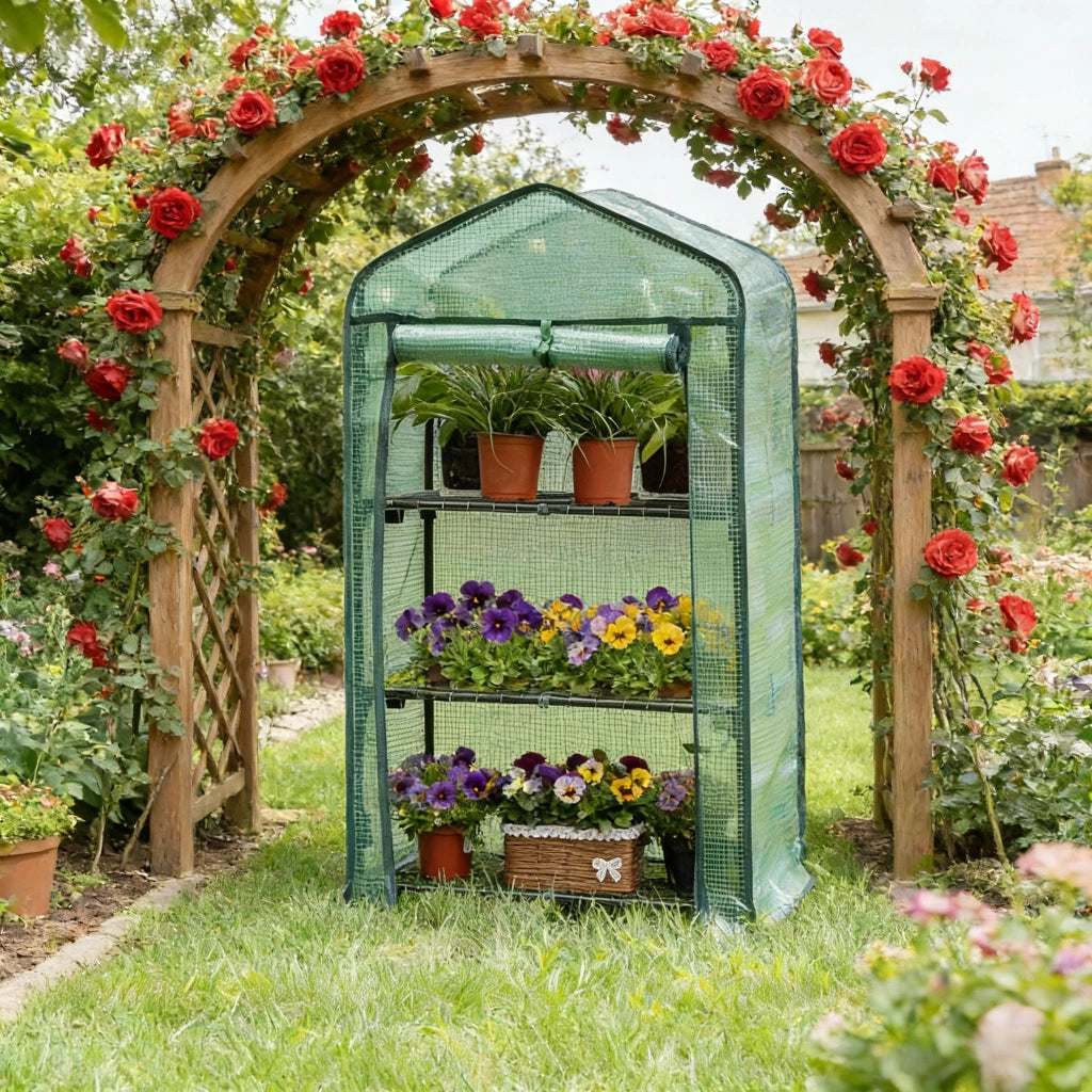 Serra da giardino a 3 ripiani con copertura in PE e porta avvolgibile verde 69 × 49 × 125 cm per balcone e terrazza