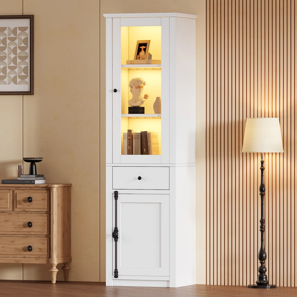 Vetrina in Vetro Bianca Mobile a Colonna 200 cm con Luci LED Cassetto e 2 Ante 55x40 cm