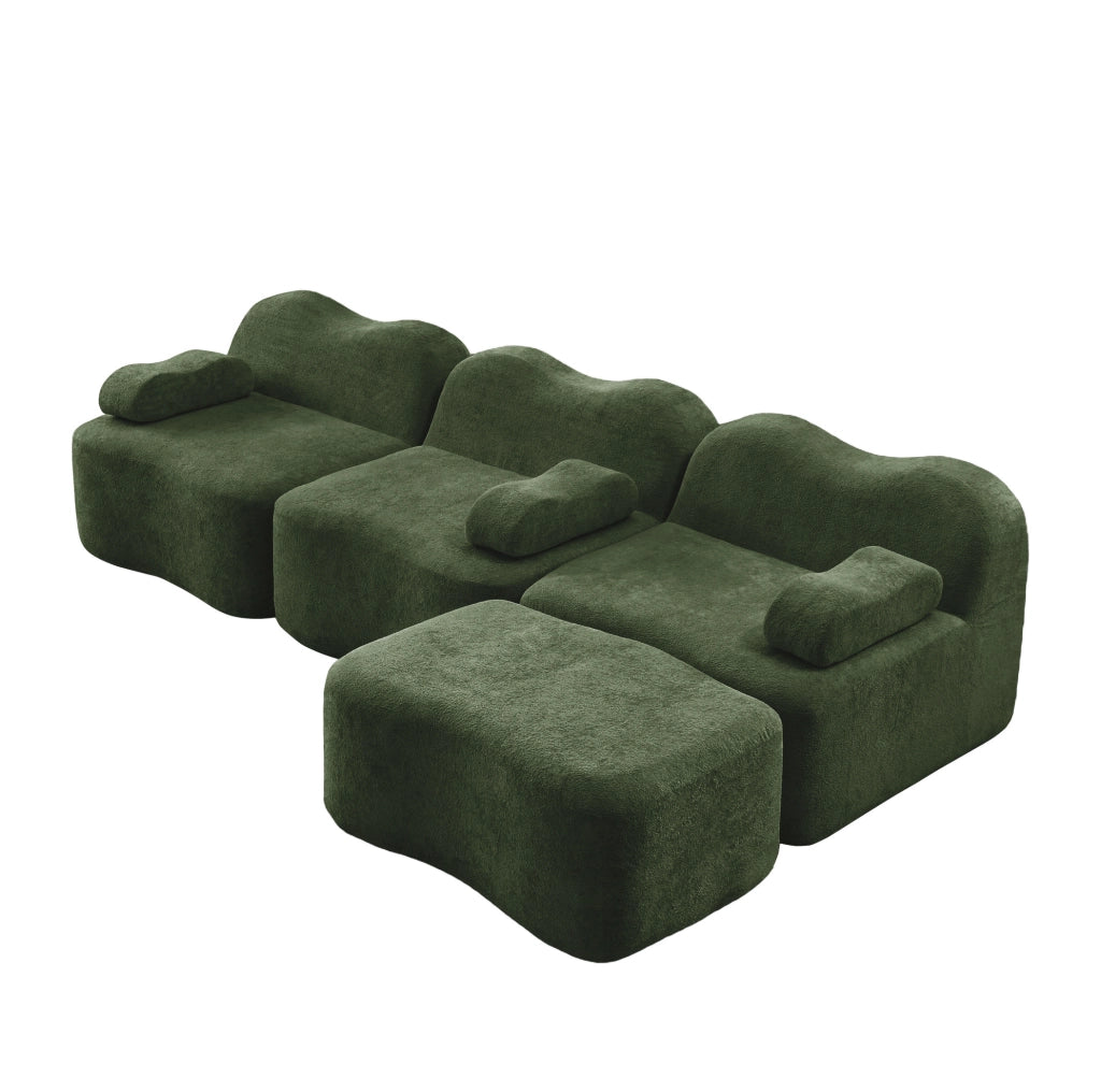 Divano modulare angolare verde in velluto, 3 posti con pouf, schiuma ad alta resilienza 32D
