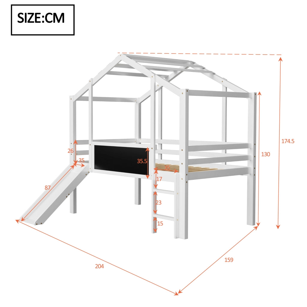 Letto a castello bianco in legno massello con scivolo e scala di sicurezza 90x200 cm