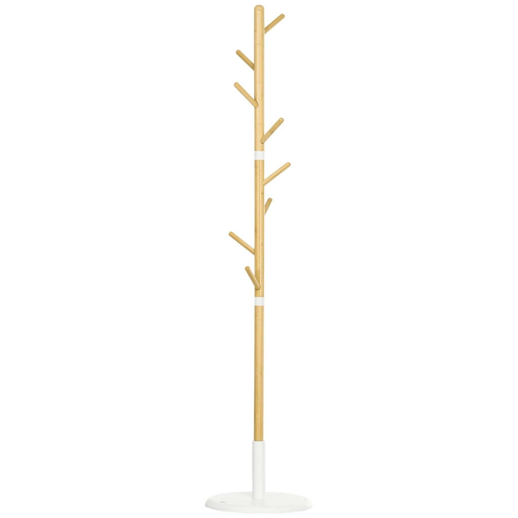 Appendiabiti da Terra ad Albero con 8 Ganci in Bambù e Metallo Base Rotonda Salvaspazio per Ingresso Ø37.8x175.6 cm Bianco e Legno
