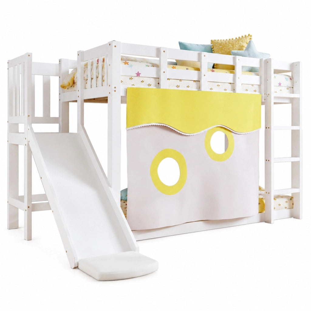 Letto a castello per bambini 90x200 cm con scivolo, scala, tenda e protezioni, bianco