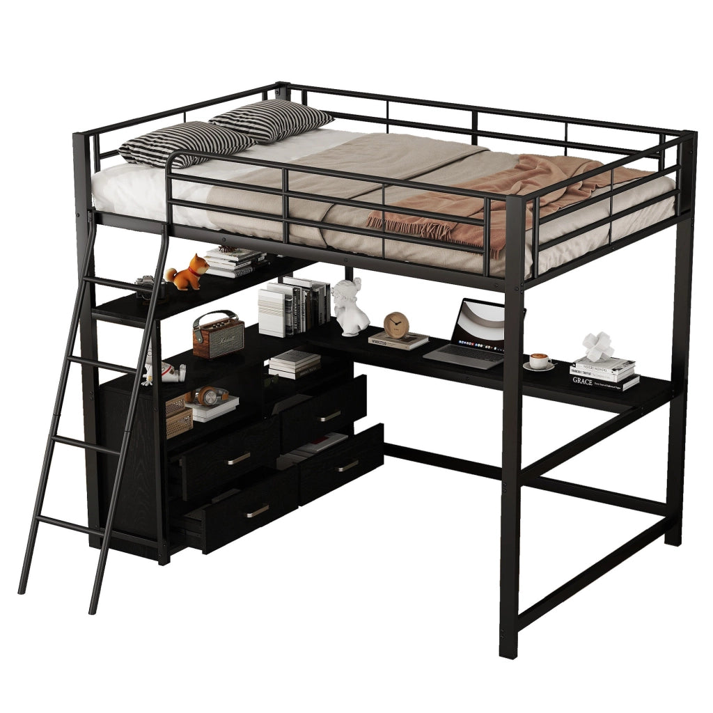 Letto a Soppalco 140x200 cm in MDF e metallo con Scrivania; Cassetti Nero