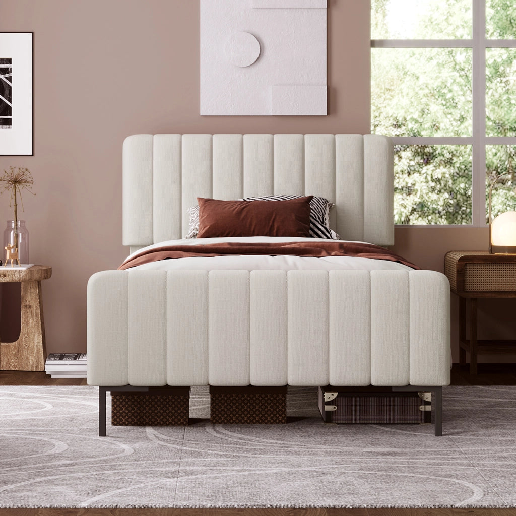 Letto imbottito 90 x 190 cm; letto singolo con rete a doghe; testiera regolabile; struttura in legno; rivestimento in lino; grigio-beige chiaro