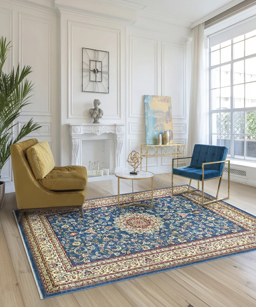 Tappeto KAZAKH 2154 blu e beige cm.70x300 stile orientale persiano alta qualità con effetto lucente