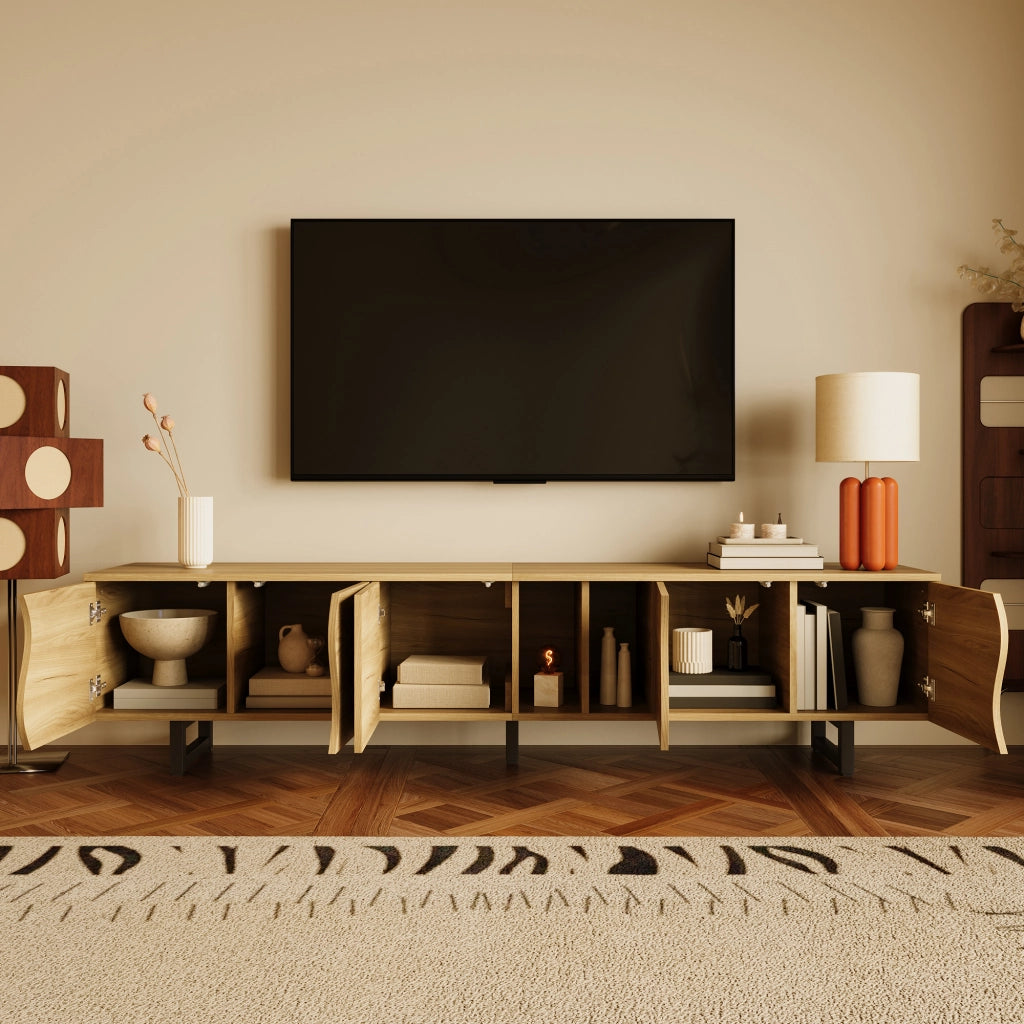Mobile TV con ante curve e ripiani aperti 191x38x46;5 cm; naturale