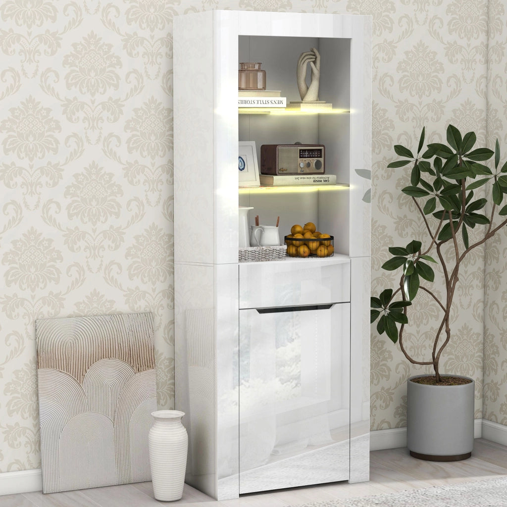 Vetrina Libreria con LED, 1 anta, 1 cassetto e 2 ripiani, per soggiorno o studio, bianco, 60 × 35.5 × 165 cm