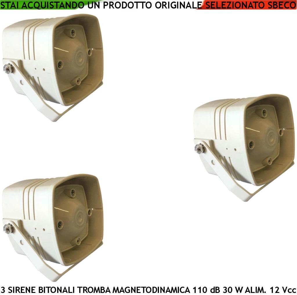Sirena Magnetodinamica 3 Pezzi Diffusore Acustica 110 dB Amplificazione 30 W Bitonale 1500 +/- 4000 Hz. Alimentazione 12 Vcc 2 Fili Polarizzati Staffa Fissaggio Assorbimento 1 A Contenitore ABS IP65