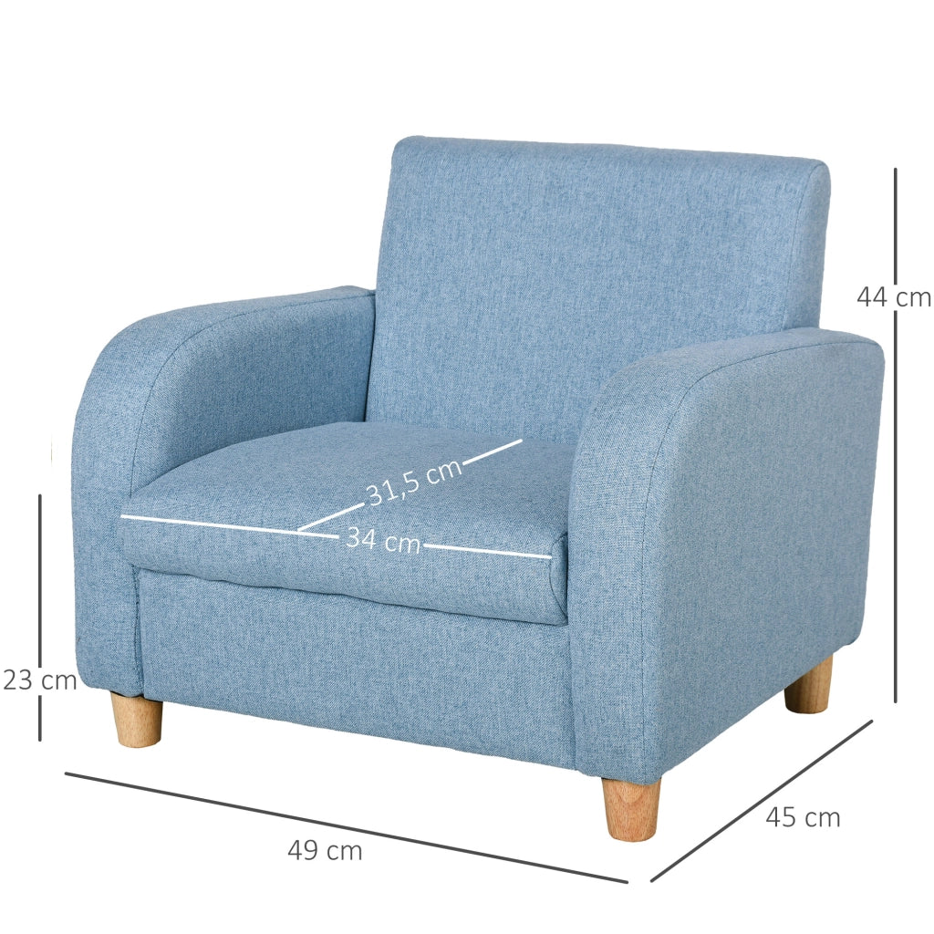 Poltroncina per Bambini Design Scandinavo in Tessuto di Lino e Legno con Braccioli Imbottiti e Seduta Comoda Blu