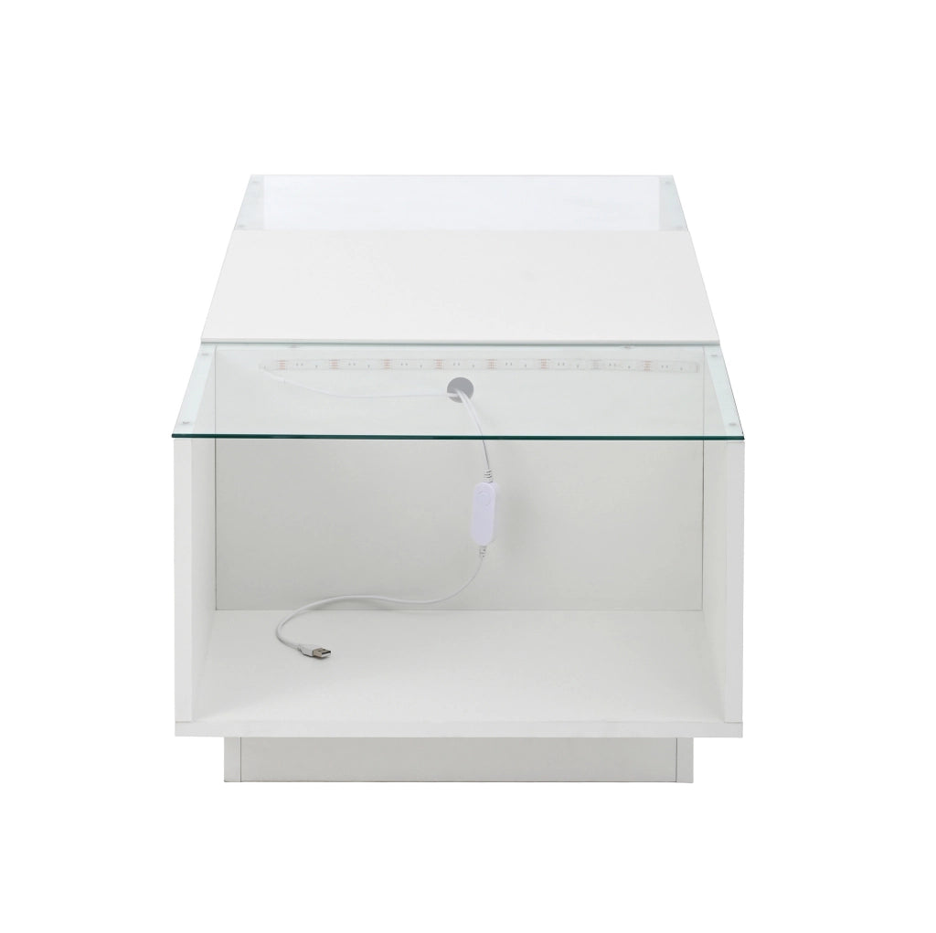 Tavolino moderno bianco 105x50x35 cm con ripiani in vetro, LED RGB e 2 cassetti